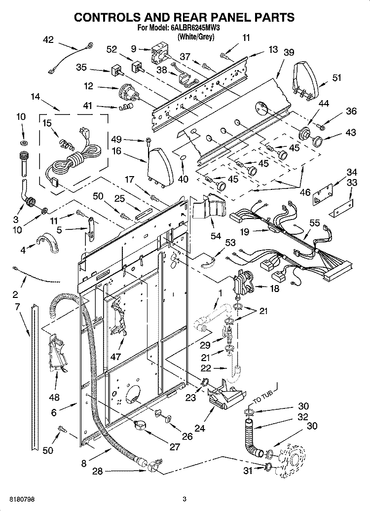 CONTROLS AND REAR PANEL PARTS Diagram and Parts List for 6ALBR6245MW3  Whirlpool Washer