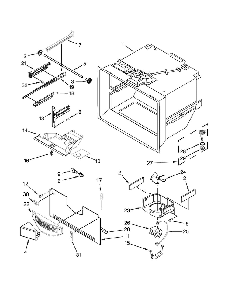 Freezer Liner Parts Diagram and Parts List for WRB329DMBB00  Whirlpool Refrigerator