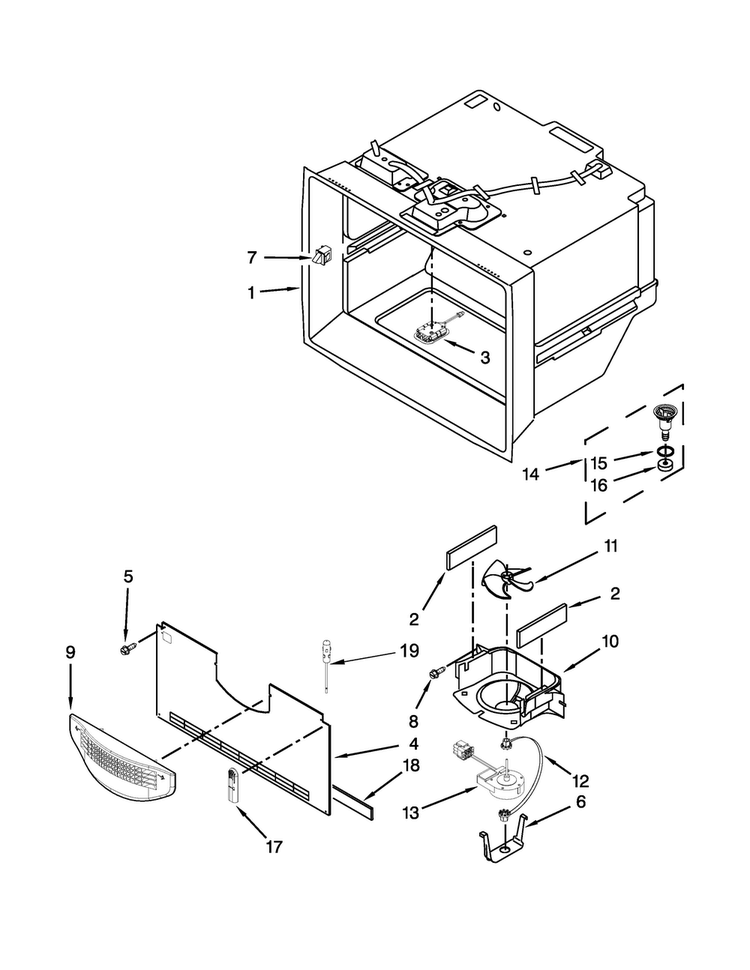 Freezer Liner Parts Diagram and Parts List for WRF991BOOM00  Whirlpool Refrigerator