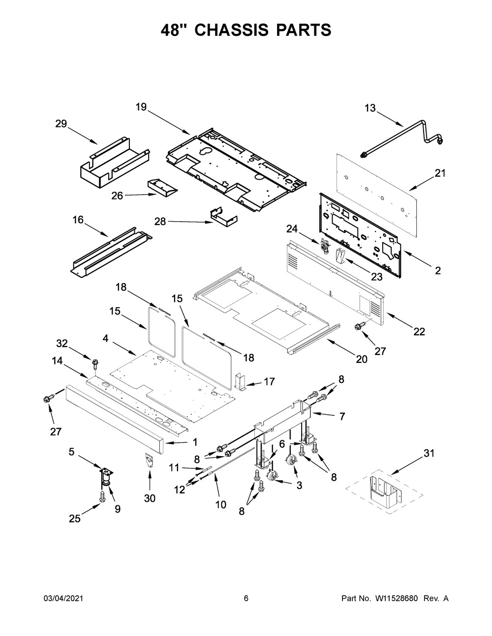 48 Inch Chassis Parts Diagram and Parts List for KFDC558JIB01  Whirlpool Range