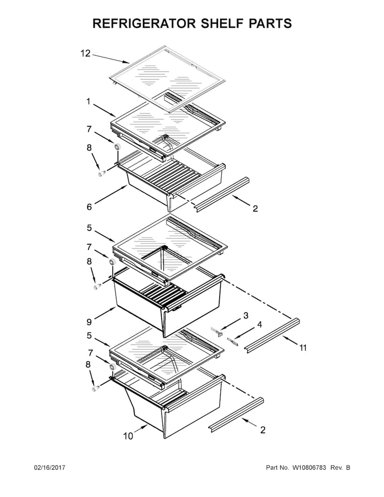 Refrigerator Shelf Parts Diagram and Parts List for WRS586FIEE01  Whirlpool Refrigerator