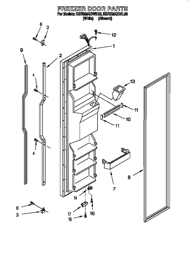 Freezer Door Diagram and Parts List for 885779  KitchenAid Refrigerator