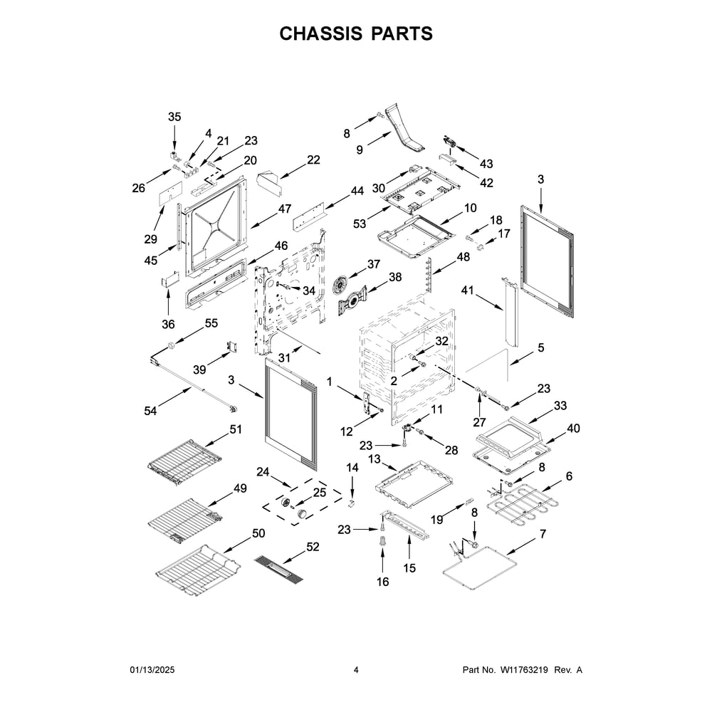 Chassis Parts Diagram and Parts List for YKSDB900ESS6  KitchenAid Range