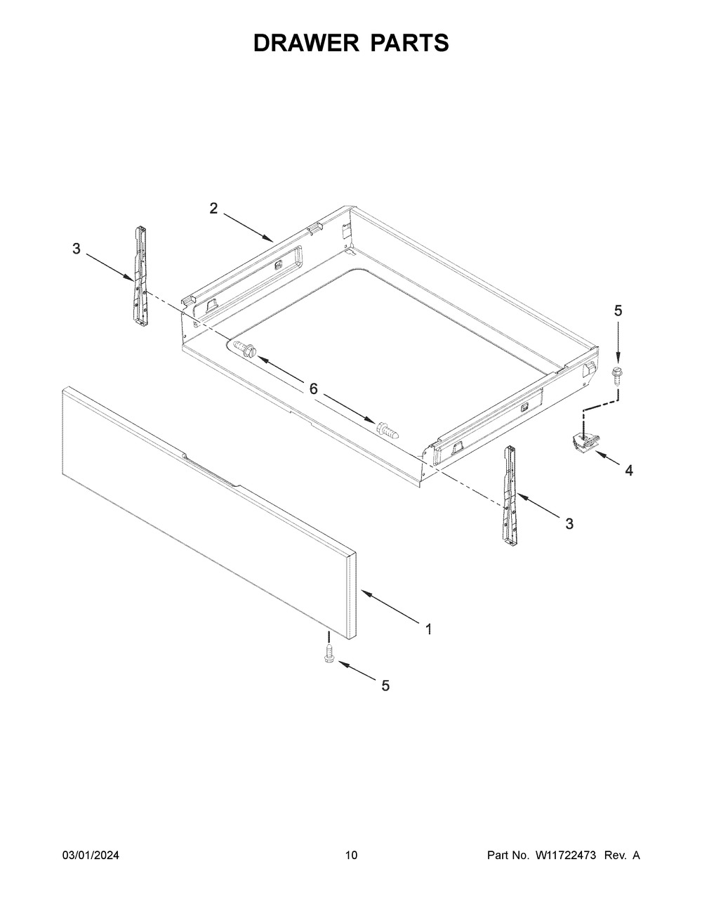 Drawer Parts Diagram and Parts List for WFES3330RV0  Whirlpool Range