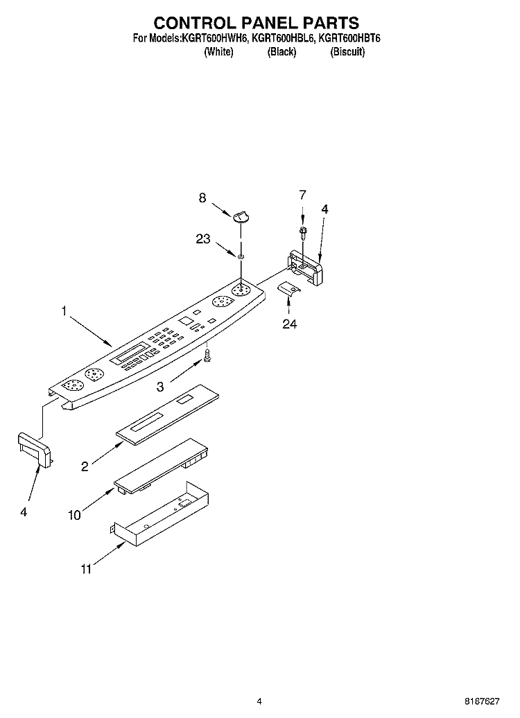 CONTROL PANEL Diagram and Parts List for KGRT600HBL6  KitchenAid Range