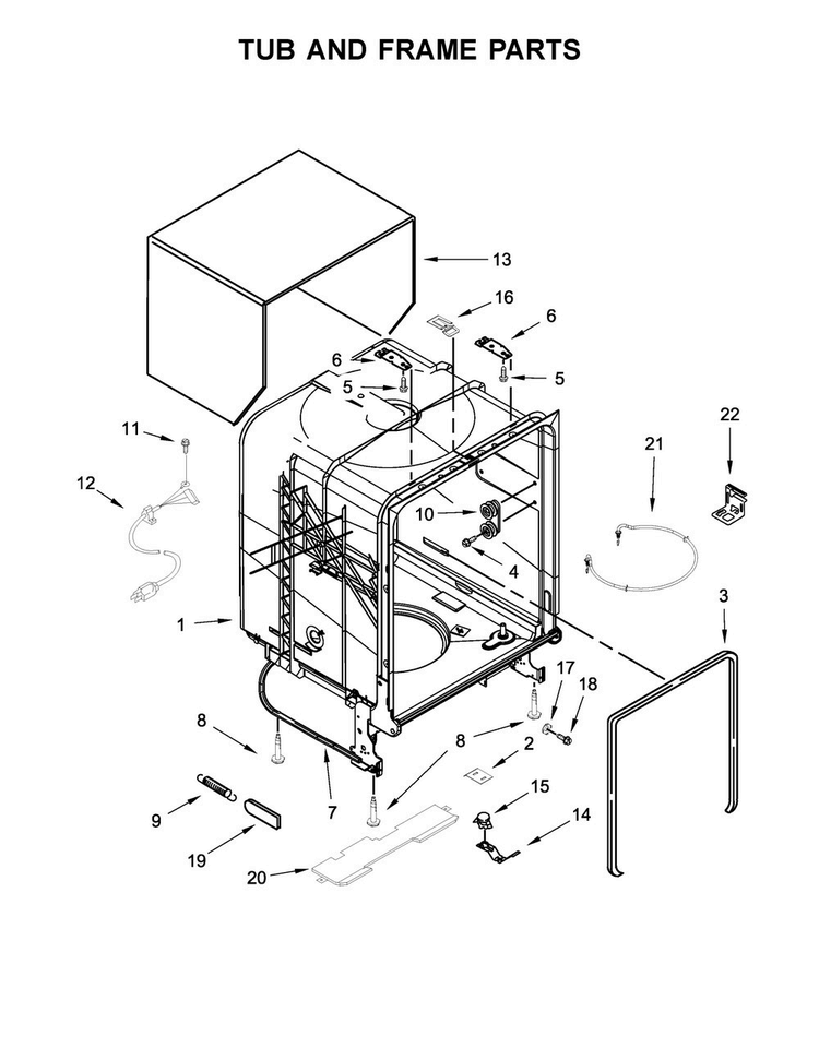 Tub And Frame Parts Diagram and Parts List for WDF331PAHS0  Whirlpool Dishwasher