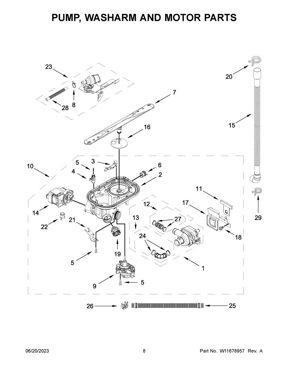 Pump, Washarm And Motor Parts Diagram and Parts List for KDFE104KWH2  KitchenAid Dishwasher