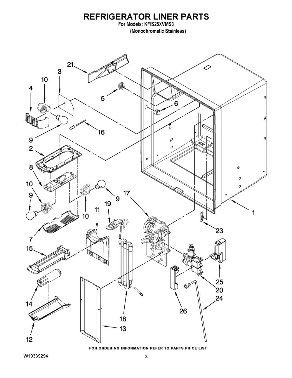 Refrigerator Liner Parts Diagram and Parts List for KFIS25XVMS3  Whirlpool Refrigerator