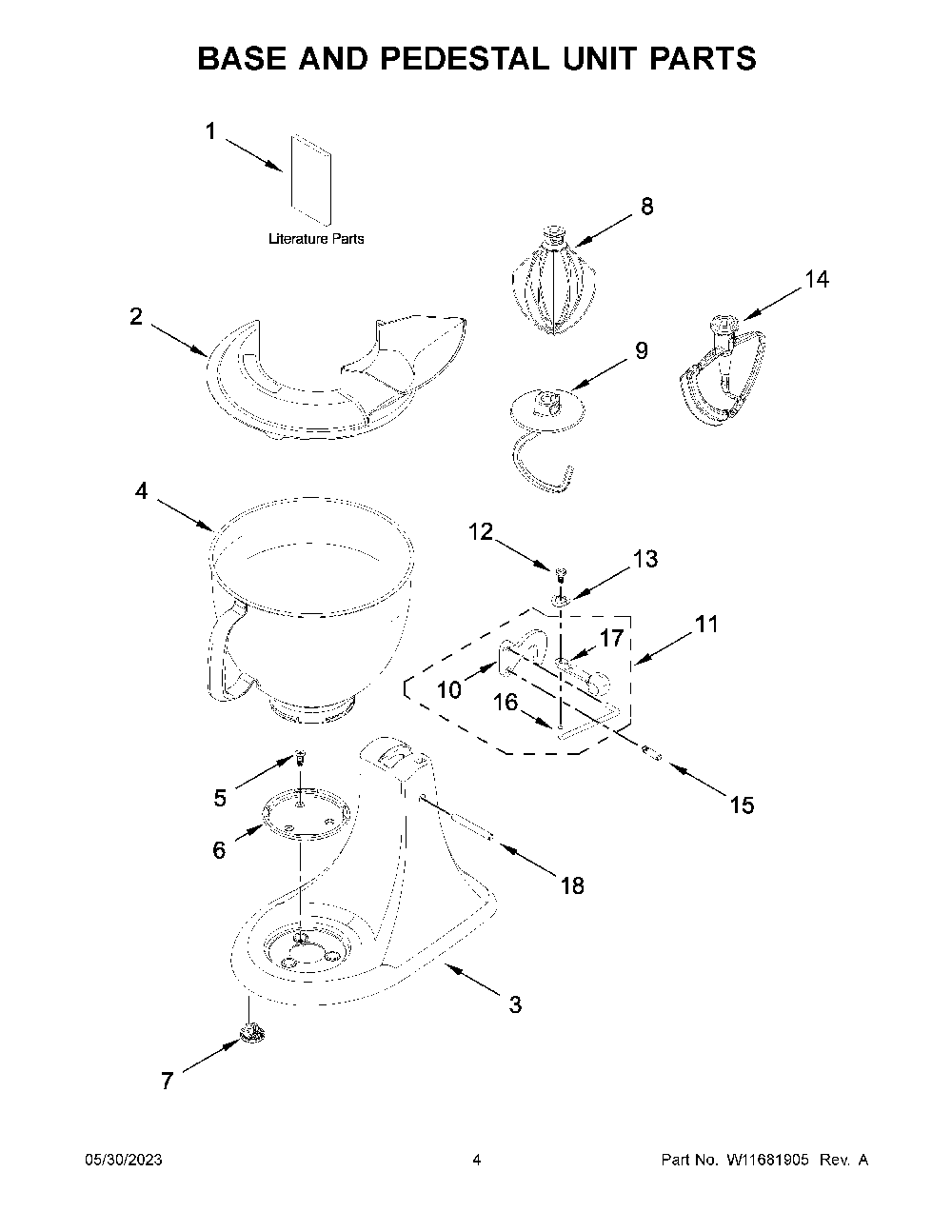 Base And Pedestal Unit Parts Diagram and Parts List for KSM150PSLCA5  KitchenAid Mixer