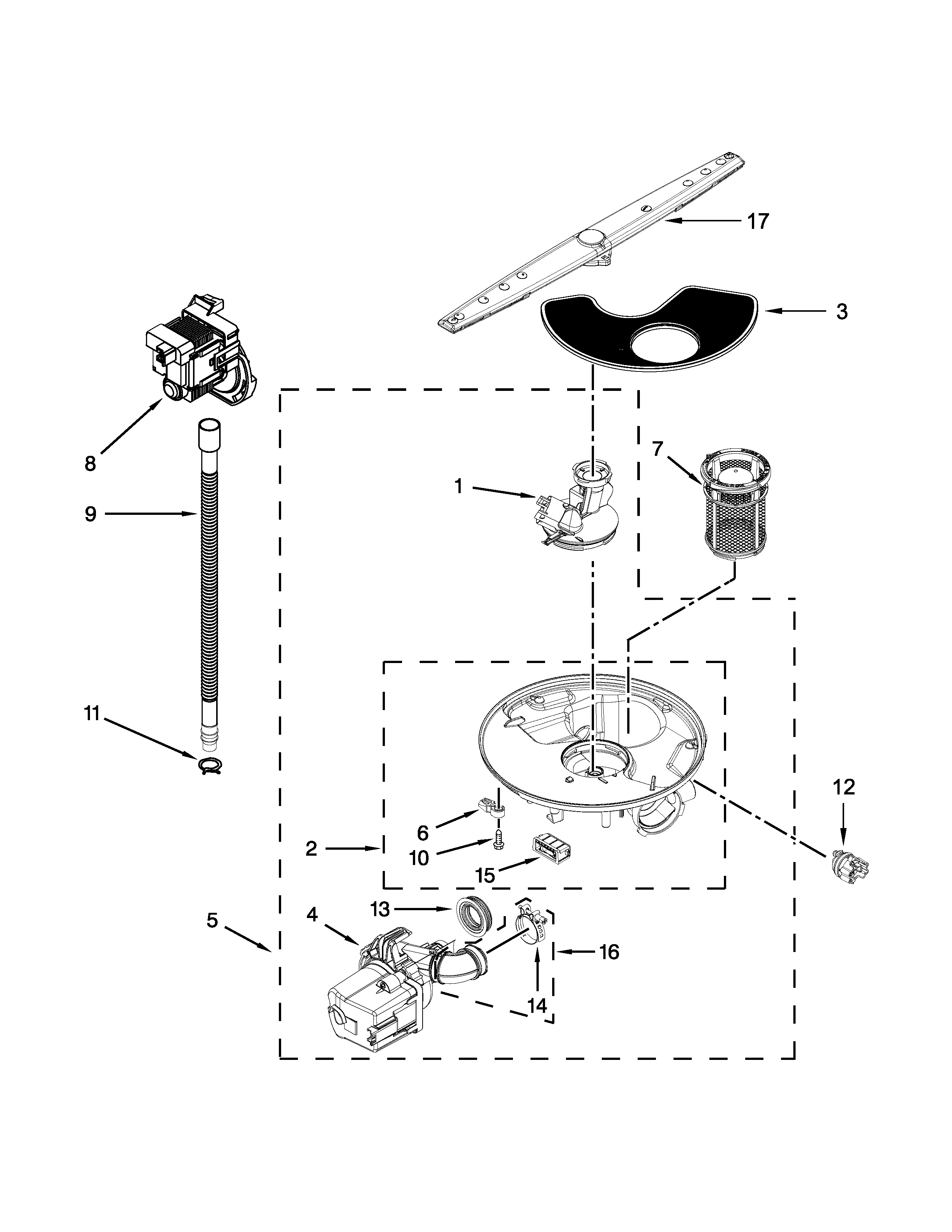 Pump, Washarm And Motor Parts Diagram and Parts List for IDF320PAFW0  Whirlpool Dishwasher