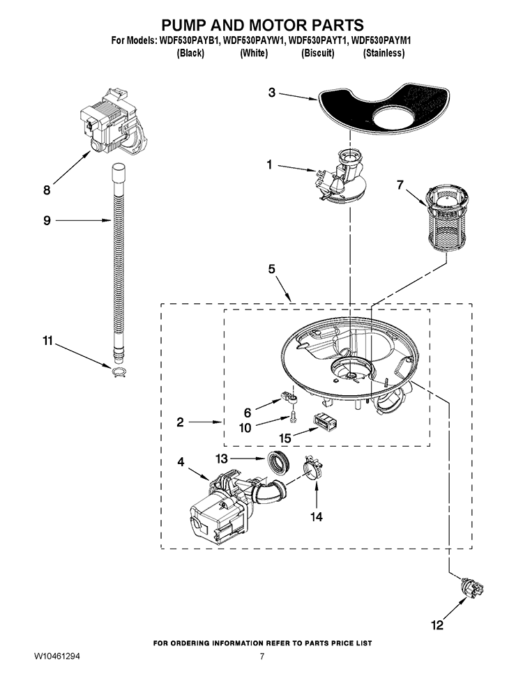 PUMP AND MOTOR PARTS Diagram and Parts List for WDF530PAYB1  Whirlpool Dishwasher