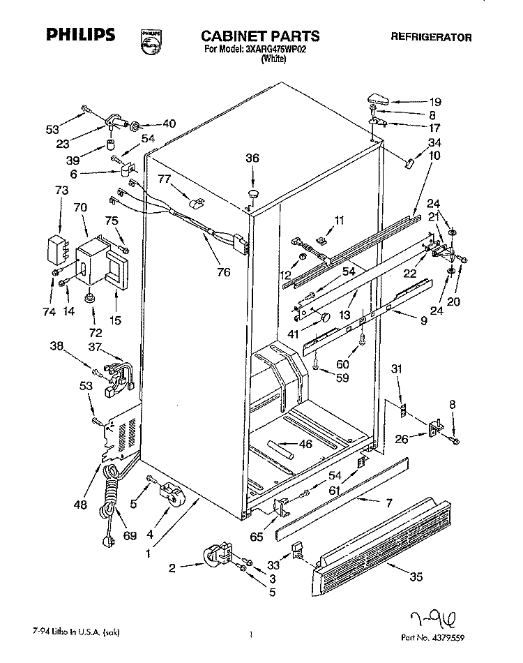 CABINET Diagram and Parts List for 3XARG475WP02  Whirlpool Refrigerator