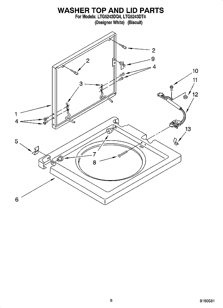 WASHER TOP AND LID PARTS Diagram and Parts List for LTG5243DT4  Whirlpool Washer Dryer Combo