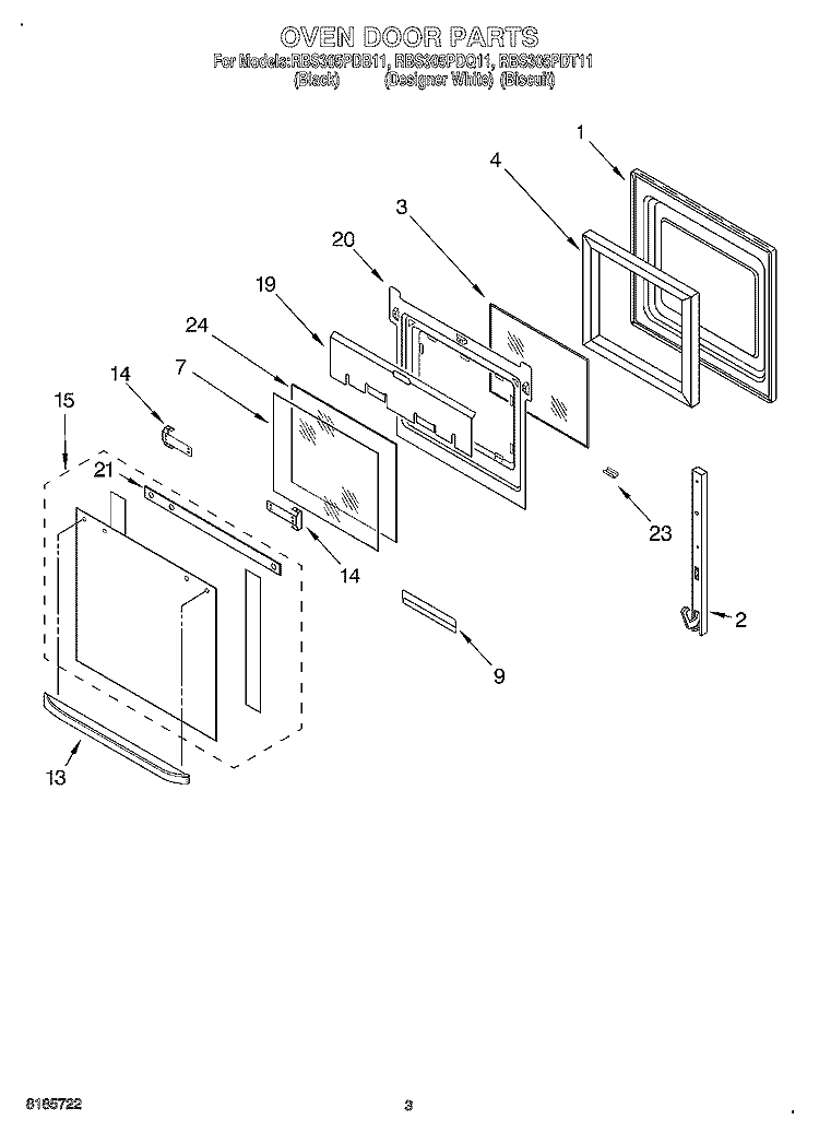 OVEN DOOR Diagram and Parts List for RBS305PDT11  Whirlpool Wall Oven