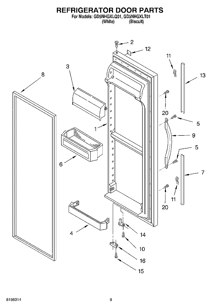REFRIGERATOR DOOR Diagram and Parts List for GD5NHGXLQ01  Whirlpool Refrigerator