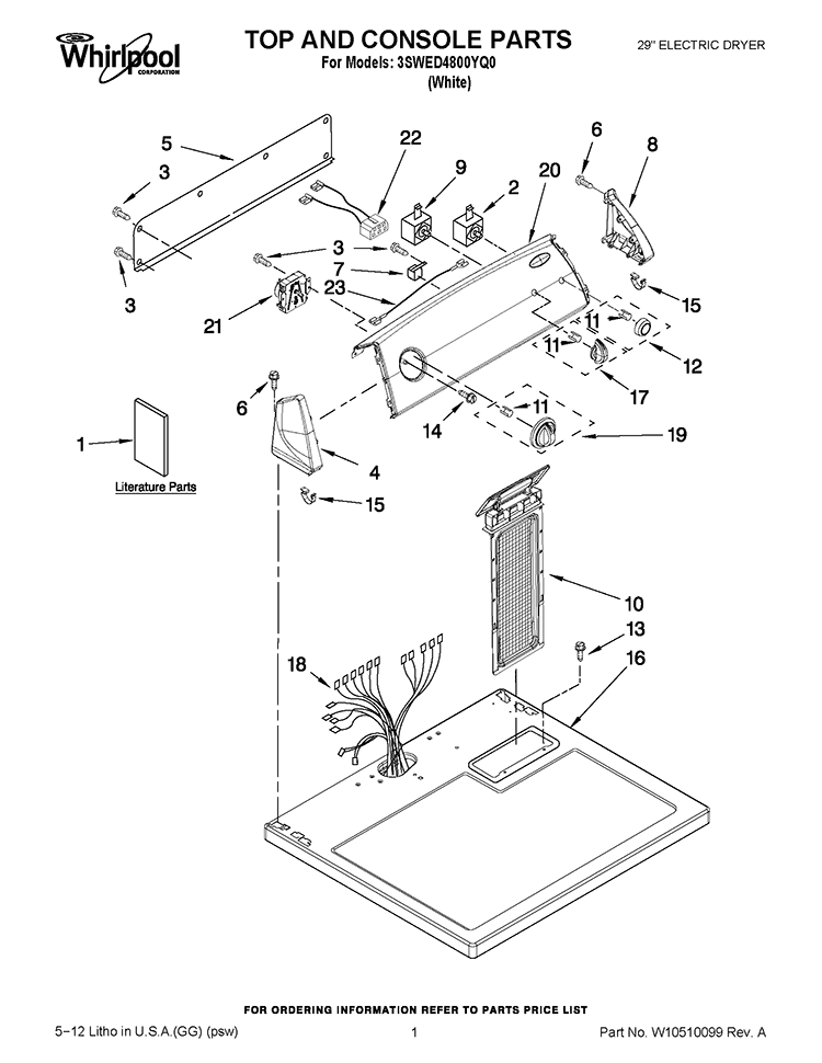 TOP AND CONSOLE PARTS Diagram and Parts List for 3SWED4800YQ0  Whirlpool Dryer