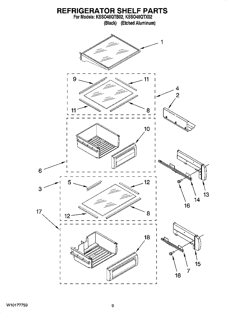 REFRIGERATOR SHELF PARTS Diagram and Parts List for KSSO48QTB02  KitchenAid Refrigerator