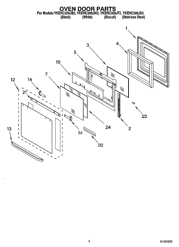 OVEN DOOR PARTS Diagram and Parts List for YKEHC309JB2  KitchenAid Microwave Oven Combo