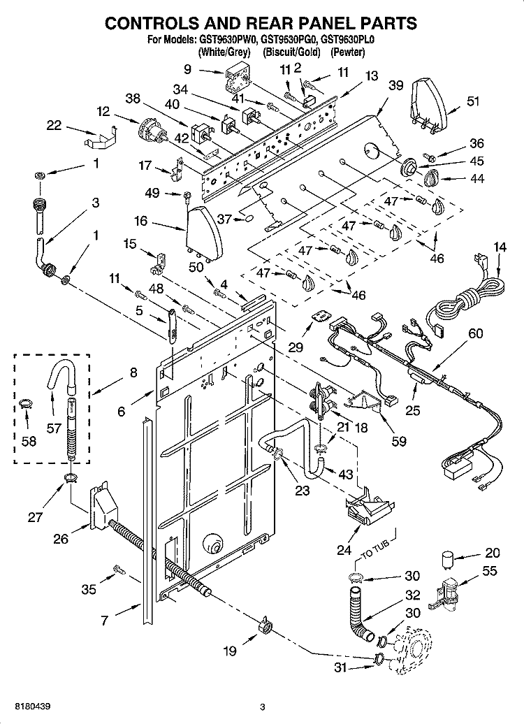 CONTROLS AND REAR PANEL PARTS Diagram and Parts List for GST9630PW0  Whirlpool Washer