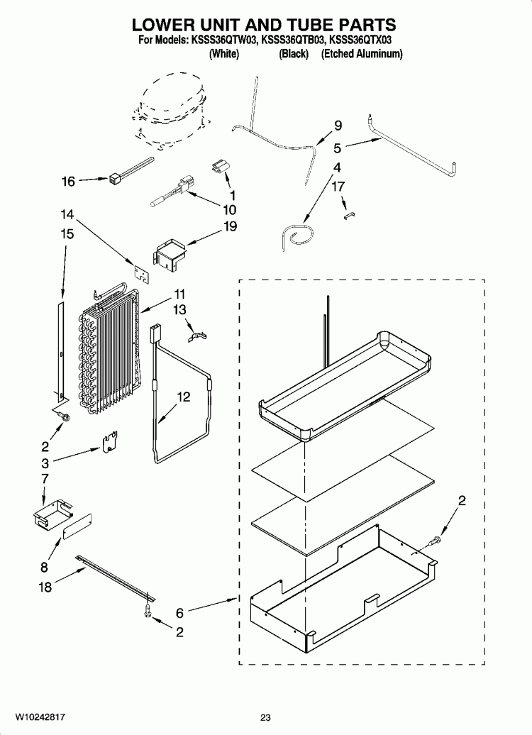 LOWER UNIT AND TUBE PARTS Diagram and Parts List for KSSS36QTB03  KitchenAid Refrigerator
