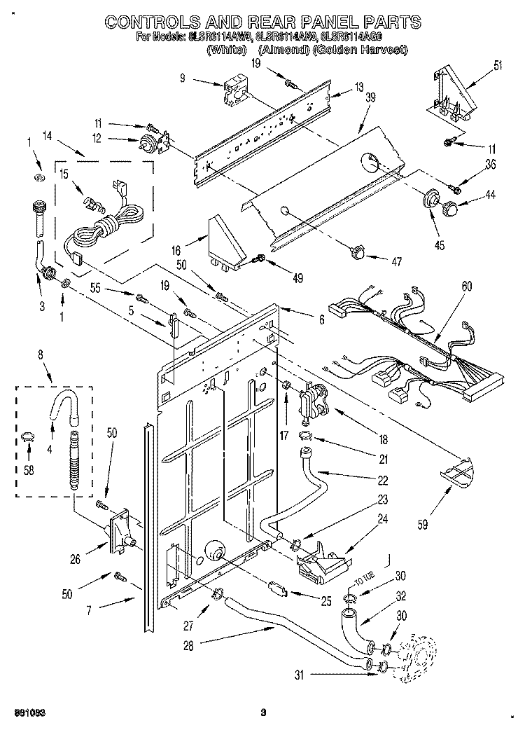 CONTROLS AND REAR PANEL Diagram and Parts List for 8LSR6114AN0  Whirlpool Washer