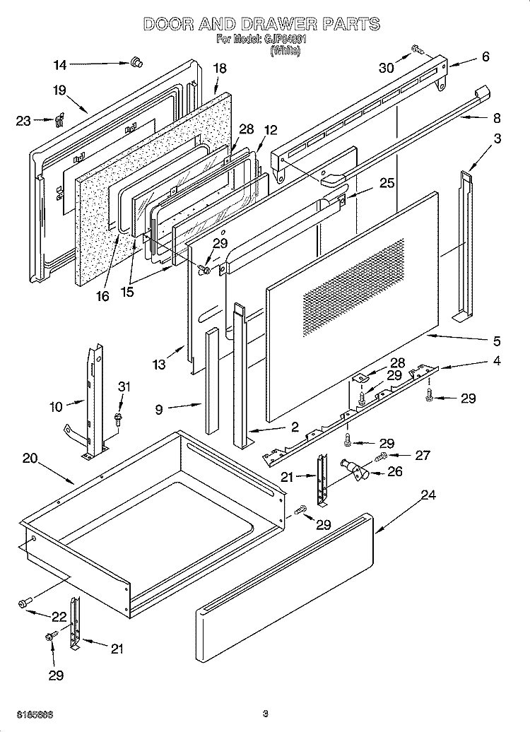 DOOR AND DRAWER PARTS Diagram and Parts List for GJP84801  Whirlpool Range