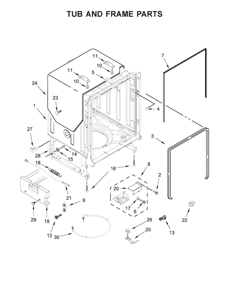 Tub And Frame Parts Diagram and Parts List for KDFE104DWH5  KitchenAid Dishwasher
