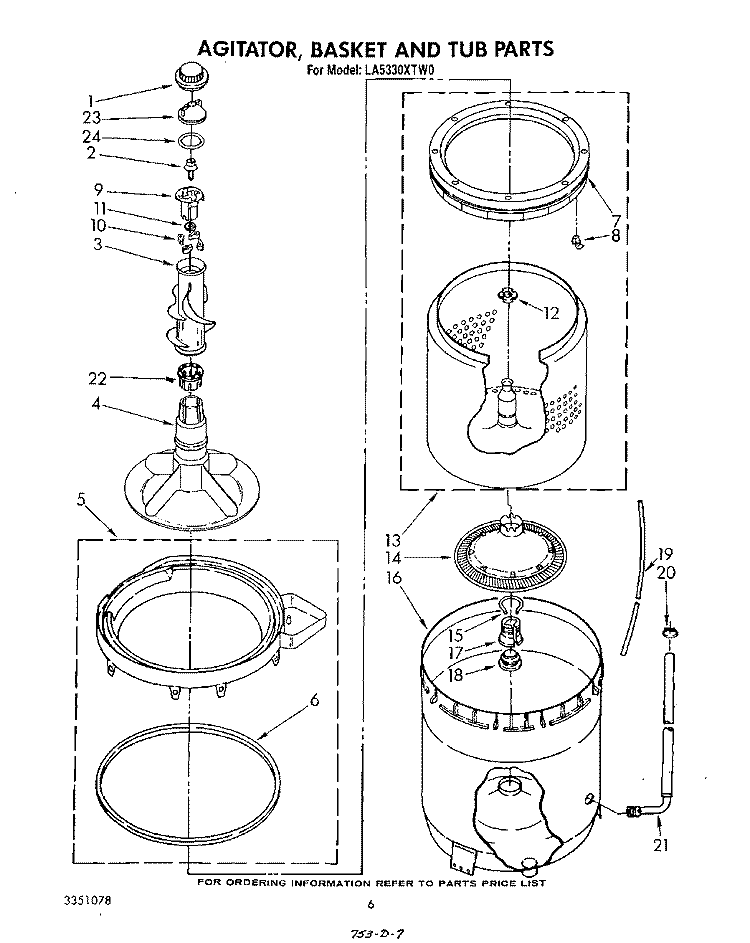 AGITATOR, BASKET AND TUB Diagram and Parts List for LA5330XTM0  Whirlpool Washer