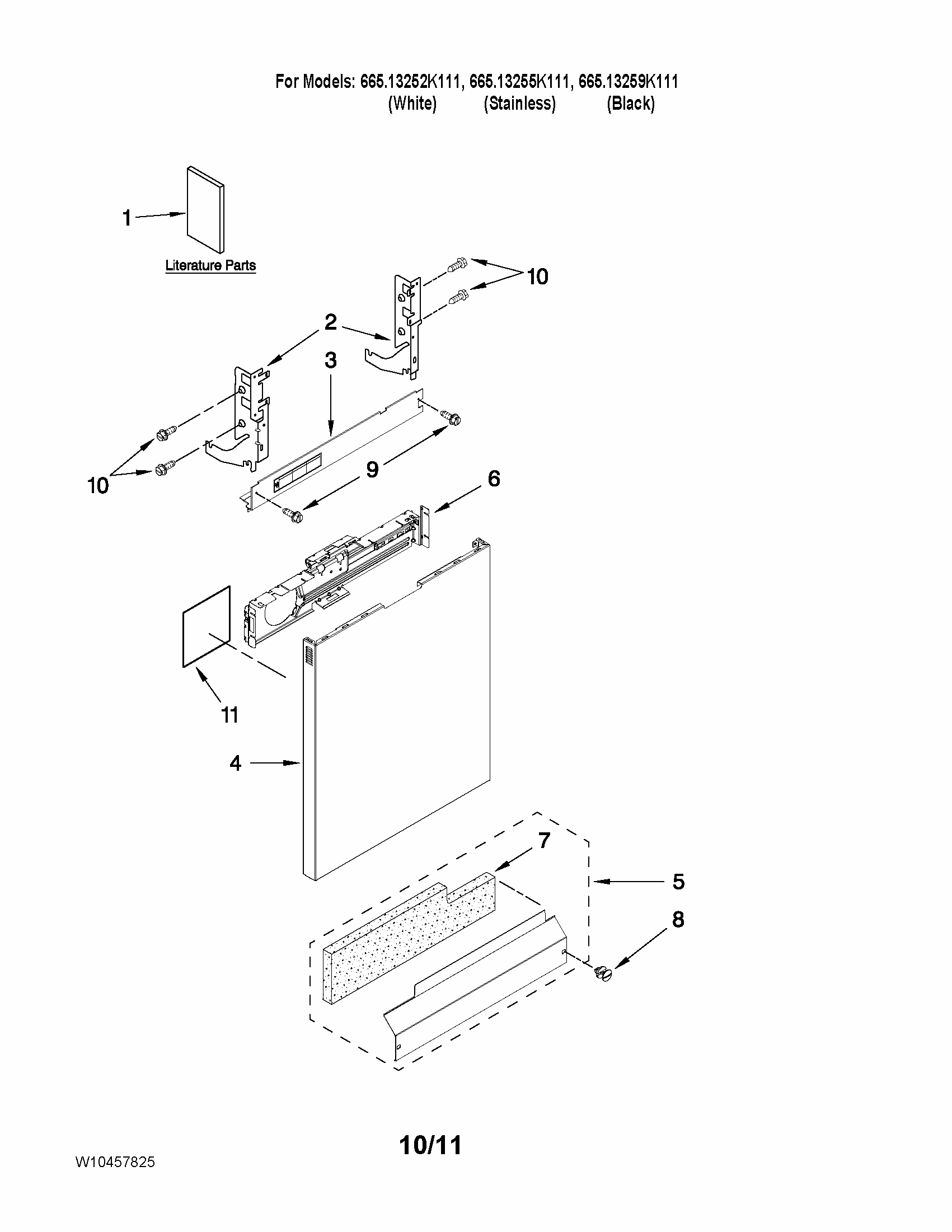 Door And Panel Parts Diagram and Parts List for 66513255K111  Kenmore Dishwasher