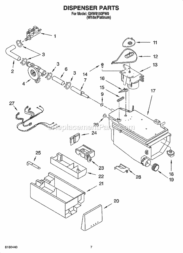 DISPENSER PARTS Diagram and Parts List for GHW9150PW0  Whirlpool Washer