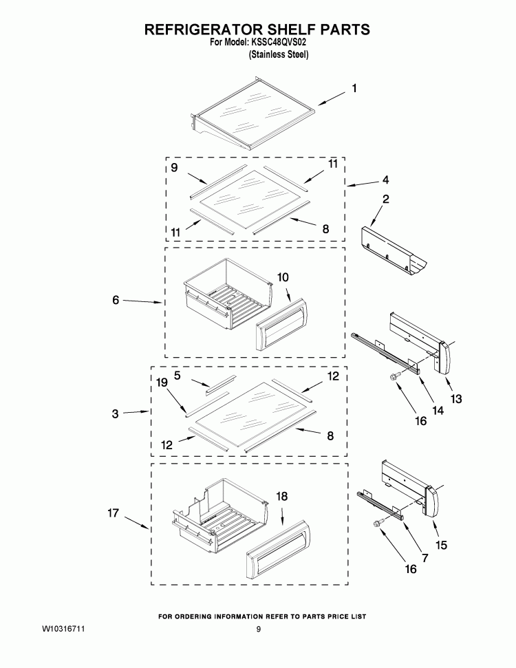 REFRIGERATOR SHELF PARTS Diagram and Parts List for KSSC48QVS02  KitchenAid Refrigerator