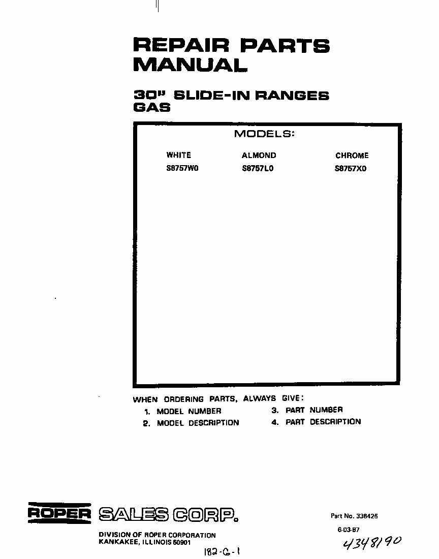 Cover Page-text Only Diagram and Parts List for S8757*0  Roper Range