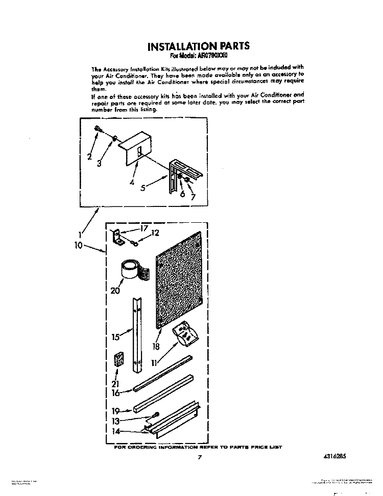 INSTALLATION Diagram and Parts List for AR0700XX0  Whirlpool Air Conditioner