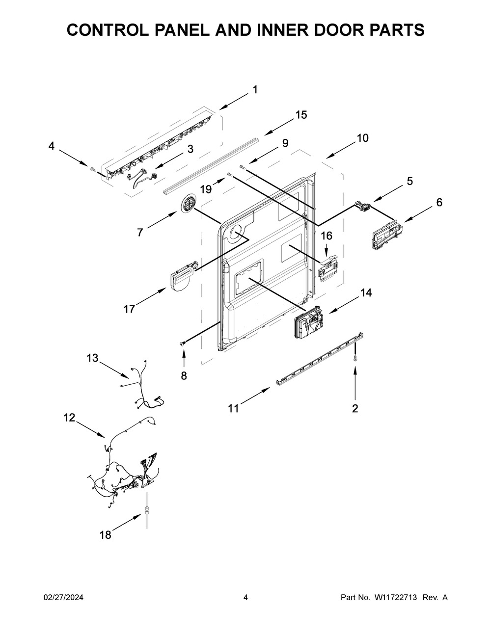 Control Panel And Inner Door Parts Diagram and Parts List for KDTM405PPS1  KitchenAid Dishwasher