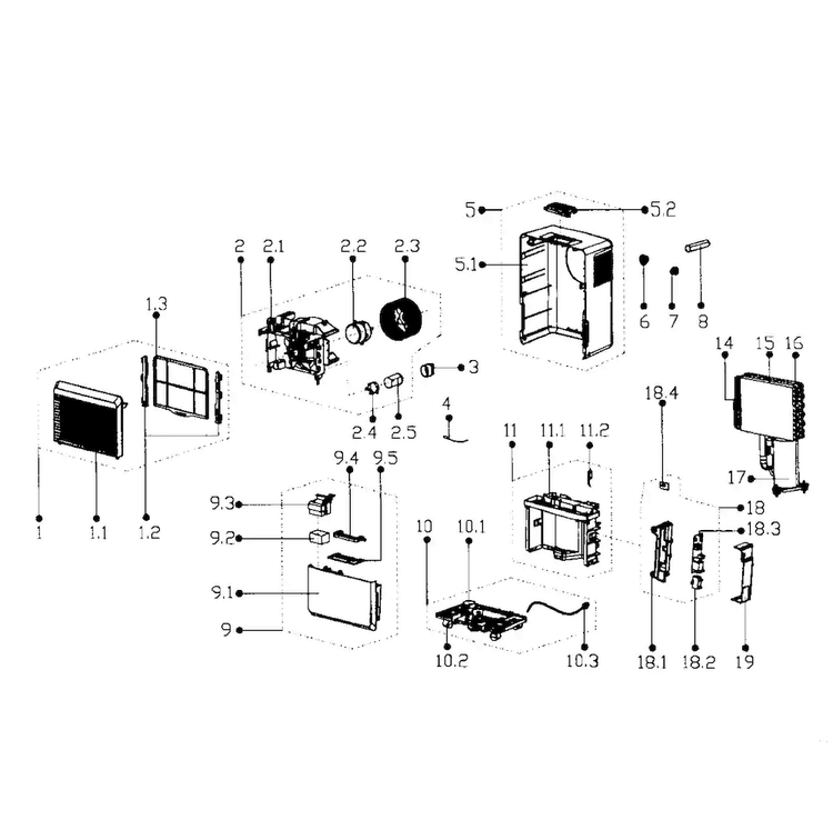 Main Assy Diagram and Parts List for 40543550  Kenmore Dehumidifier