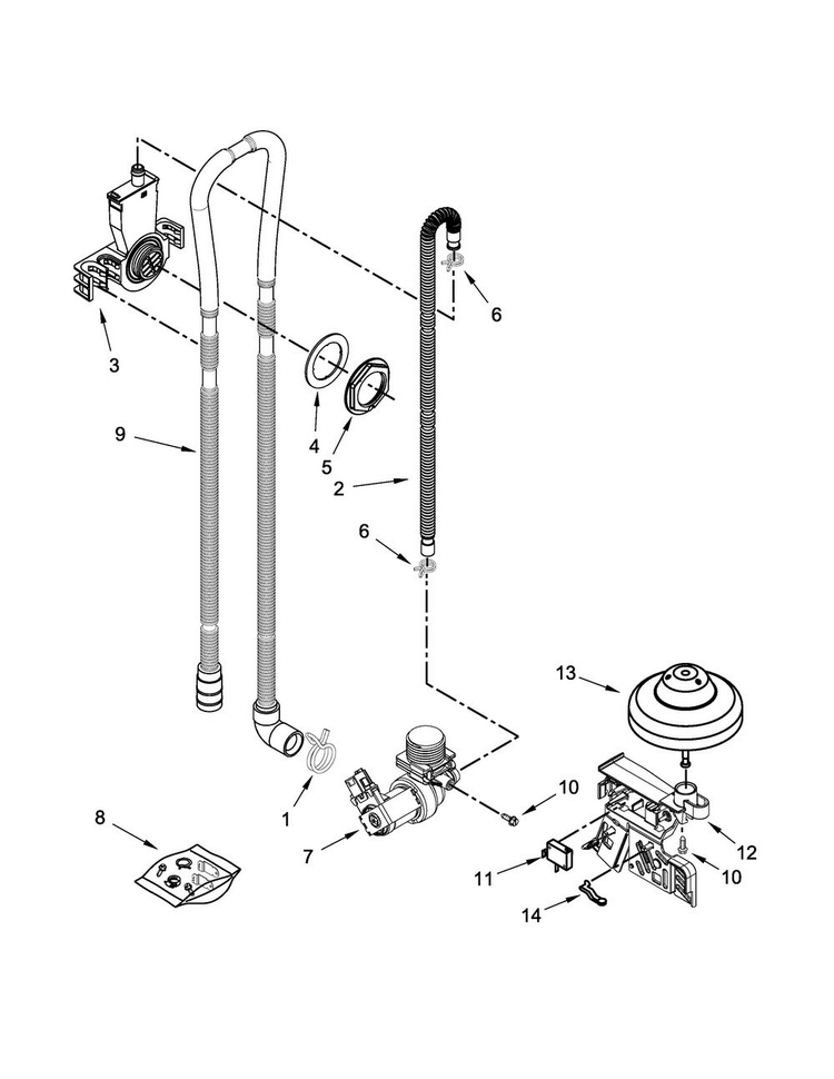 Fill, Drain And Overfill Parts Diagram and Parts List for WDF121PAFW0  Whirlpool Dishwasher