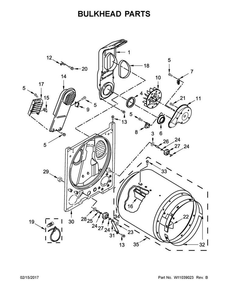 Bulkhead Parts Diagram and Parts List for 3DWED4815FW0  Whirlpool Dryer