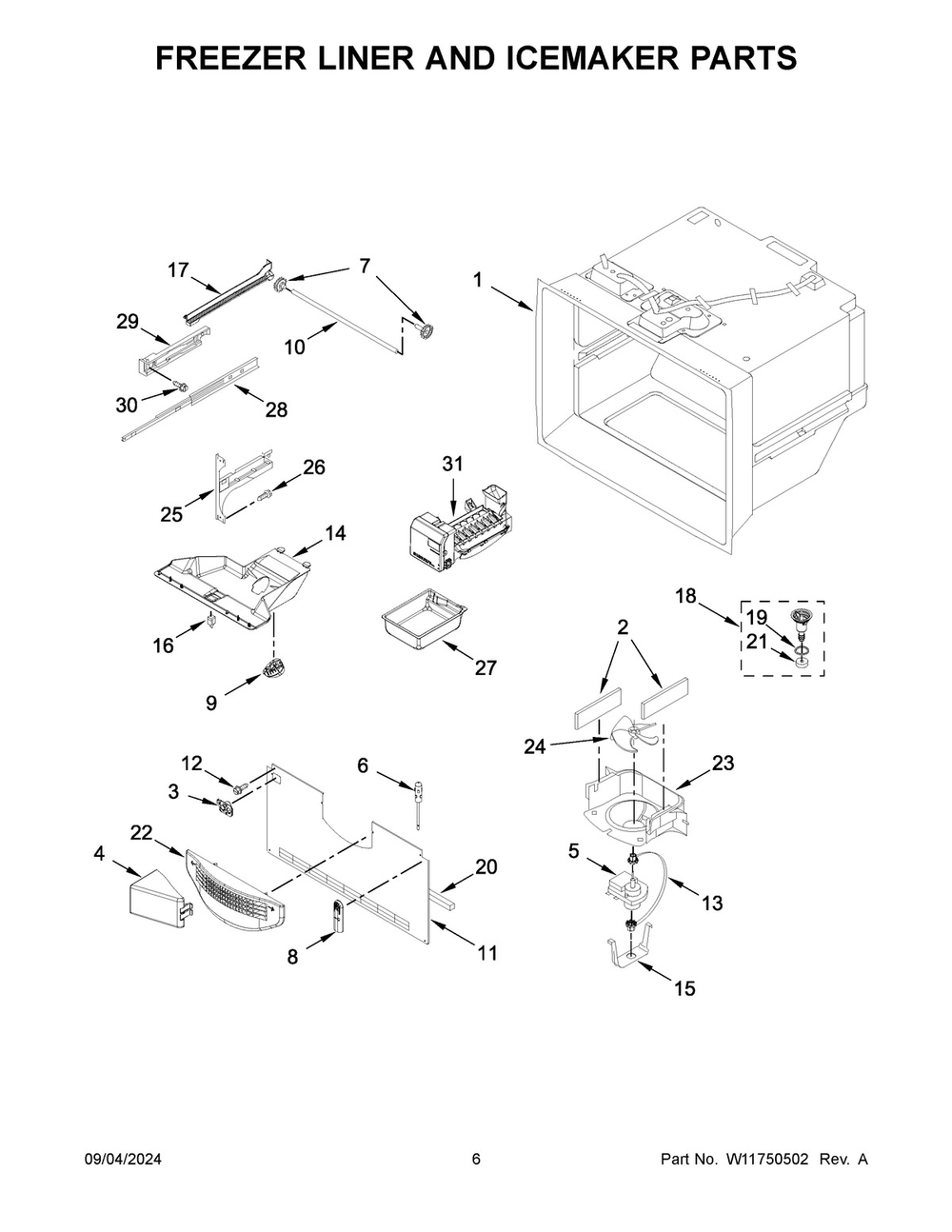 04 - Freezer Liner And Icemaker Parts Diagram and Parts List for WRFF3236RB00  Whirlpool Refrigerator