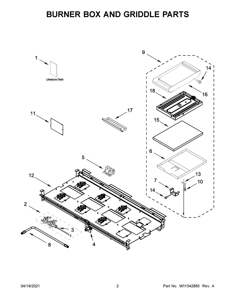 Burner Box And Griddle Parts Diagram and Parts List for KFGC558JMH02  Whirlpool Range