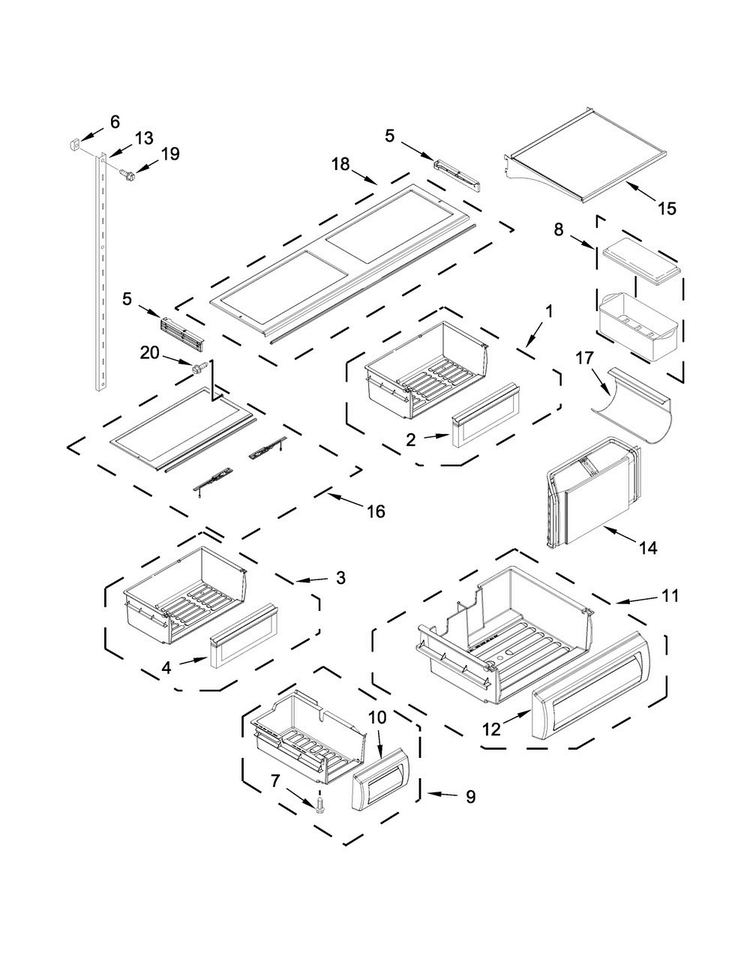 Shelf Parts Diagram and Parts List for KBBL206EPA00  KitchenAid Refrigerator