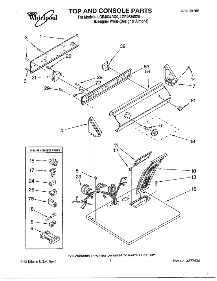 Top And Console/literature/optional Parts Diagram and Parts List for LGR4634DQO  Whirlpool Dryer