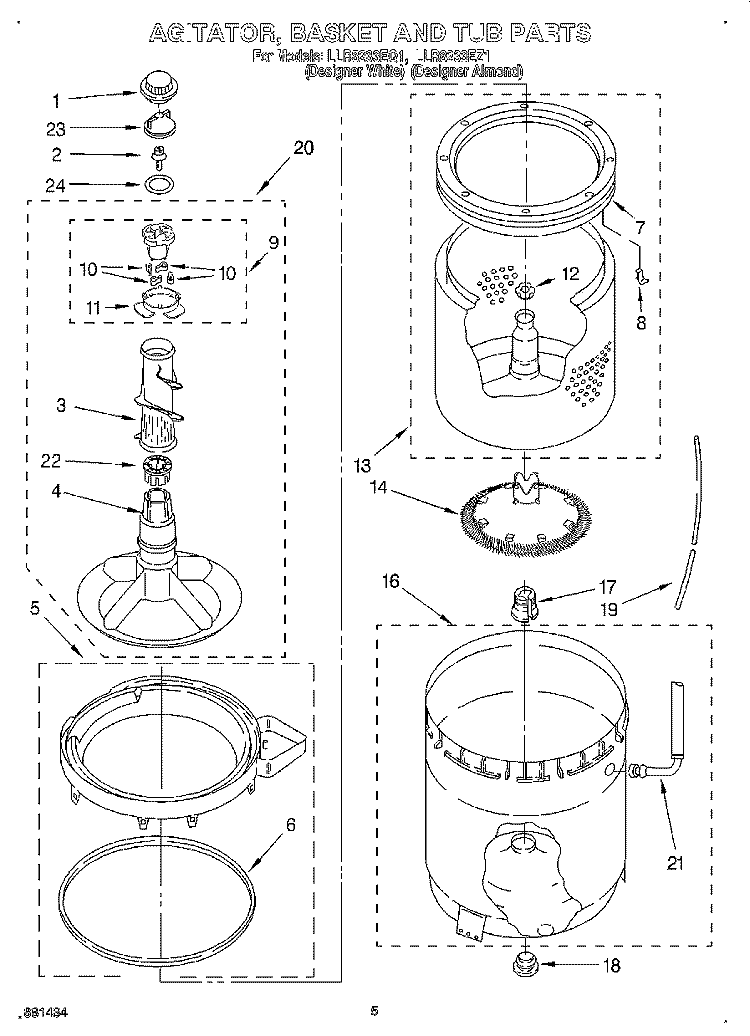 AGITATOR, BASKET, AND TUB Diagram and Parts List for LLR8233EQ1  Whirlpool Washer