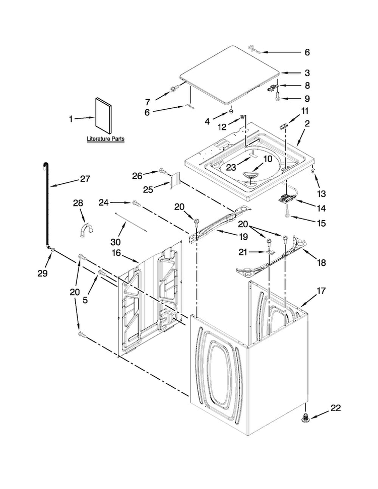 Top And Cabinet Parts Diagram and Parts List for 11023102310  Kenmore Washer