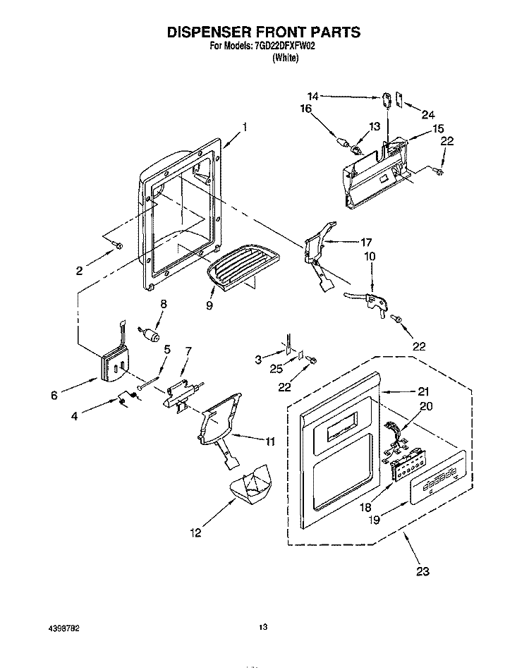 DISPENSER FRONT Diagram and Parts List for 7GD22DFXFW02  Whirlpool Refrigerator
