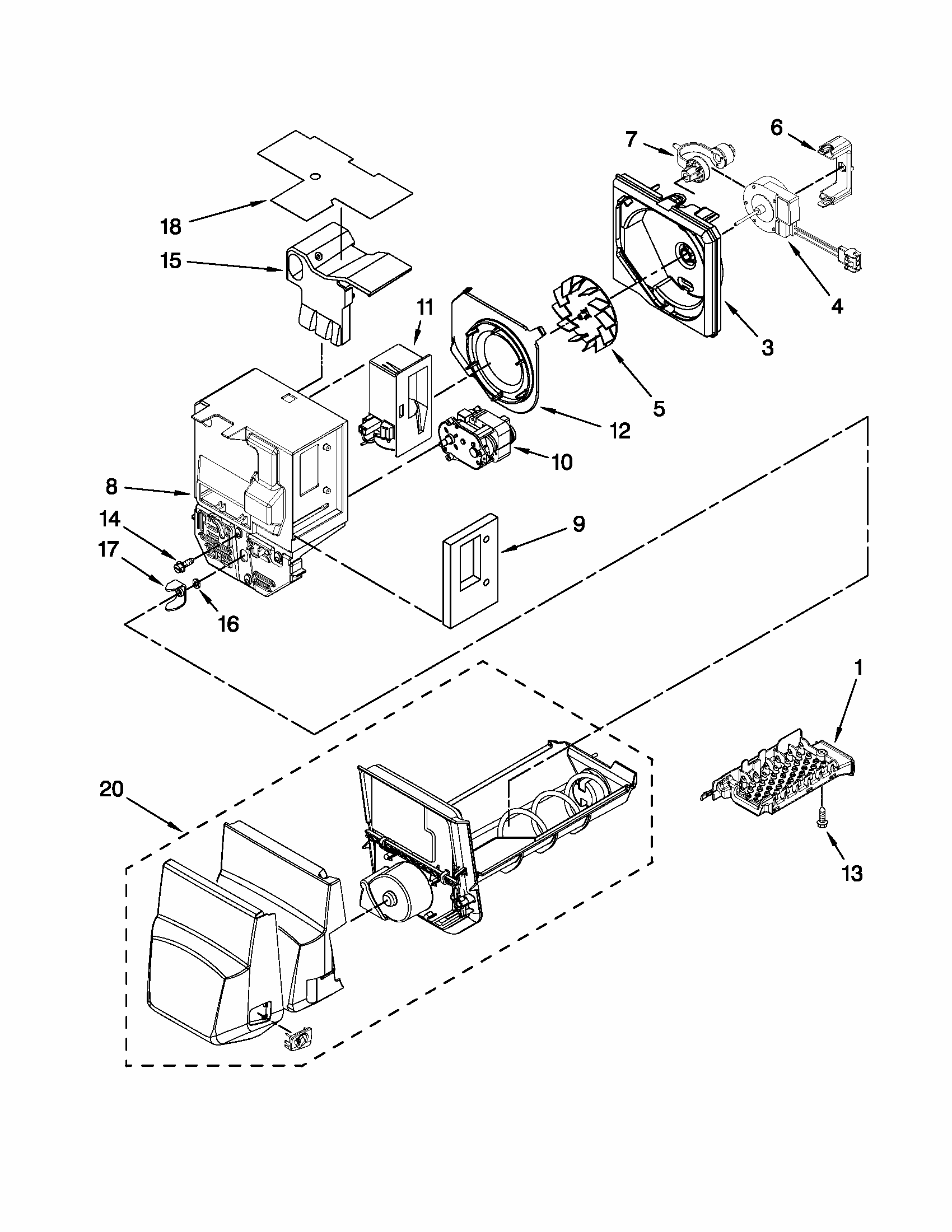Motor And Ice Container Parts Diagram and Parts List for 59679543015  Kenmore Refrigerator
