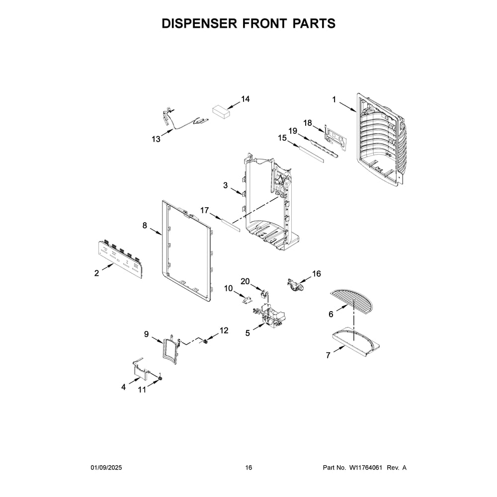Dispenser Front Parts Diagram and Parts List for KRFC704FBS06  KitchenAid Refrigerator