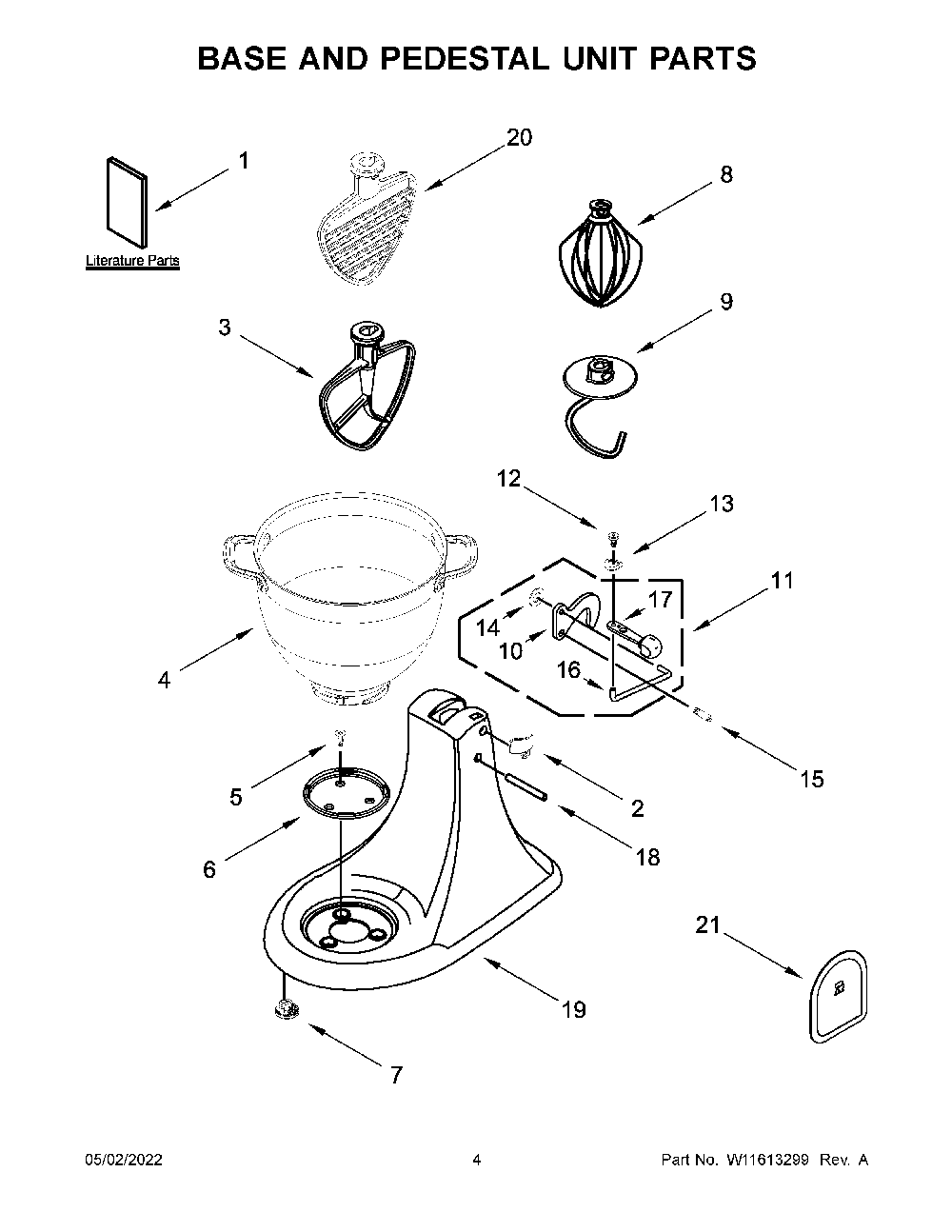 Base And Pedestal Unit Parts Diagram and Parts List for 5KSM180LECLB0  KitchenAid Mixer