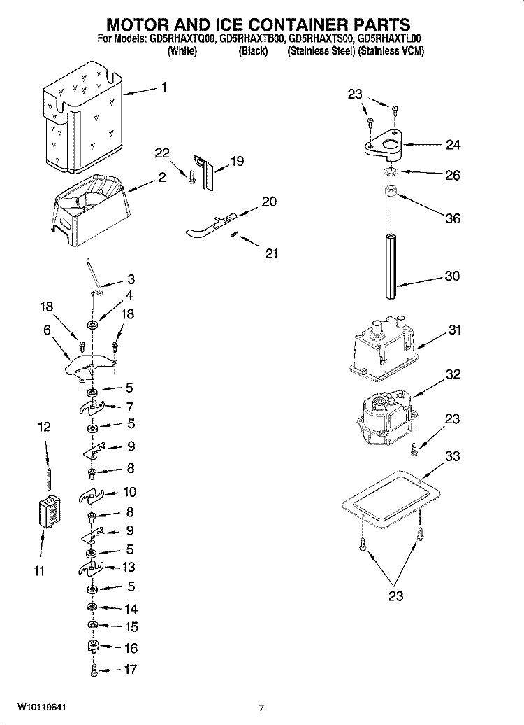 MOTOR AND ICE CONTAINER PARTS Diagram and Parts List for GD5RHAXTS00  Whirlpool Refrigerator