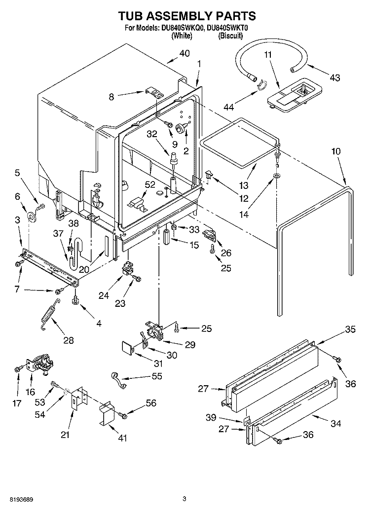 TUB ASSEMBLY Diagram and Parts List for DU840SWKT0  Whirlpool Dishwasher