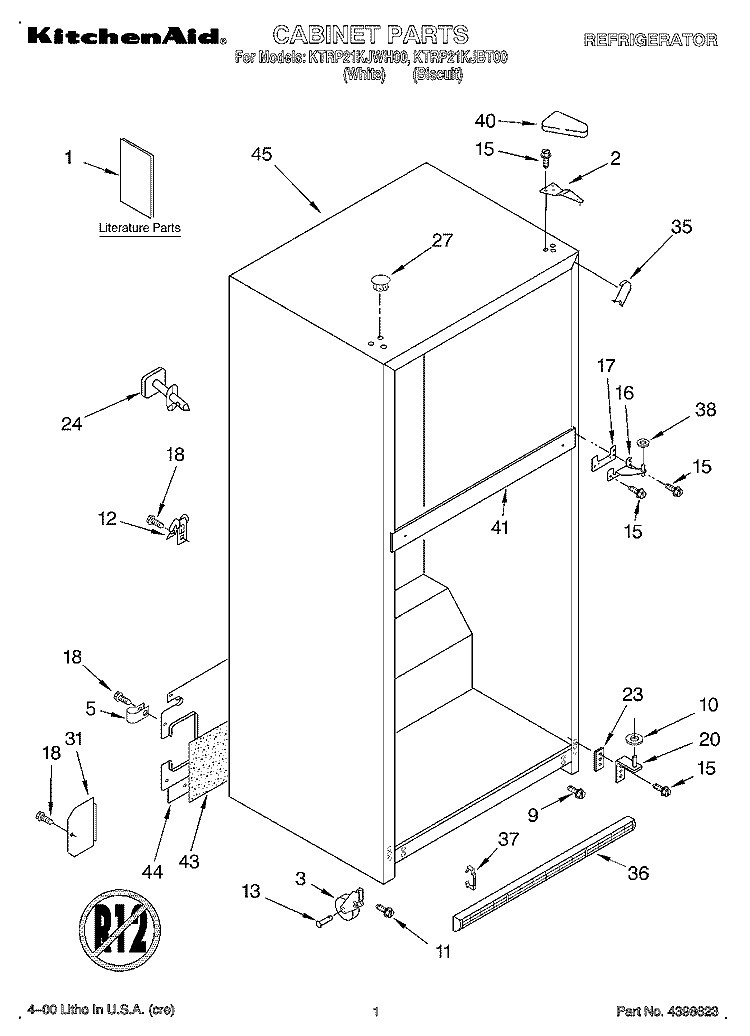 CABINET, LITERATURE Diagram and Parts List for KTRP21KJBT00  KitchenAid Refrigerator